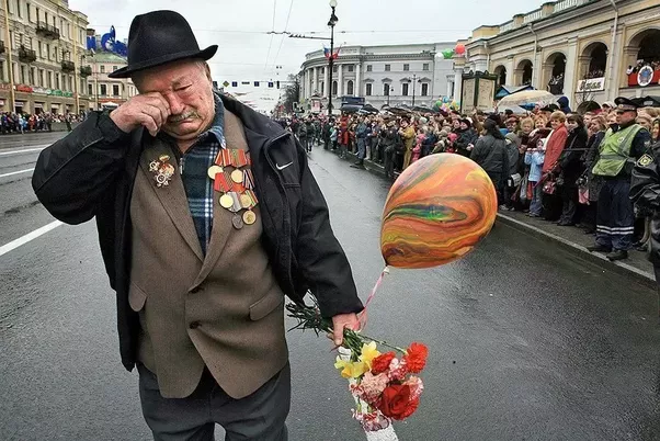 The crying veteran marching alone