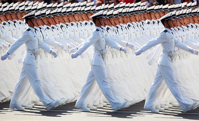 Chinese soldiers in precision march.