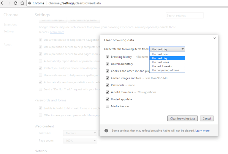 Clear Browsing, Cookies and Cached Data