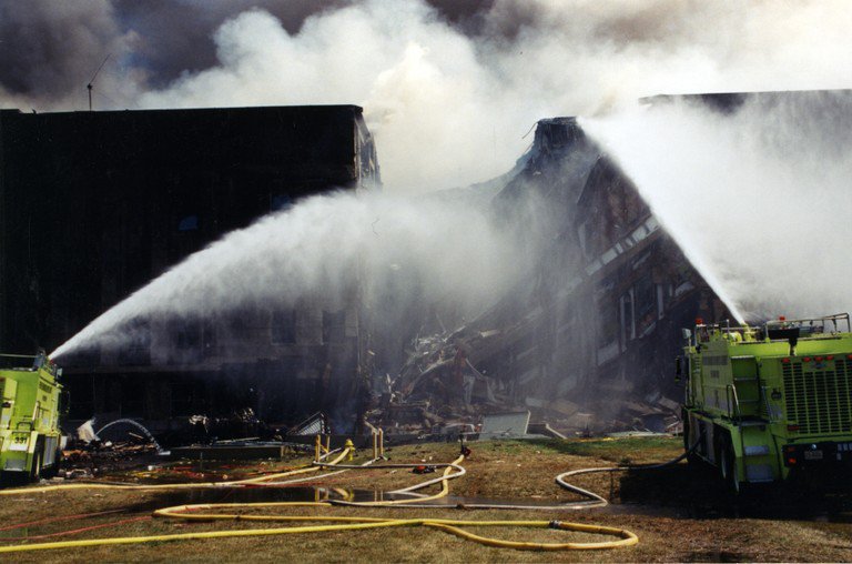 firefighters dousing the flames