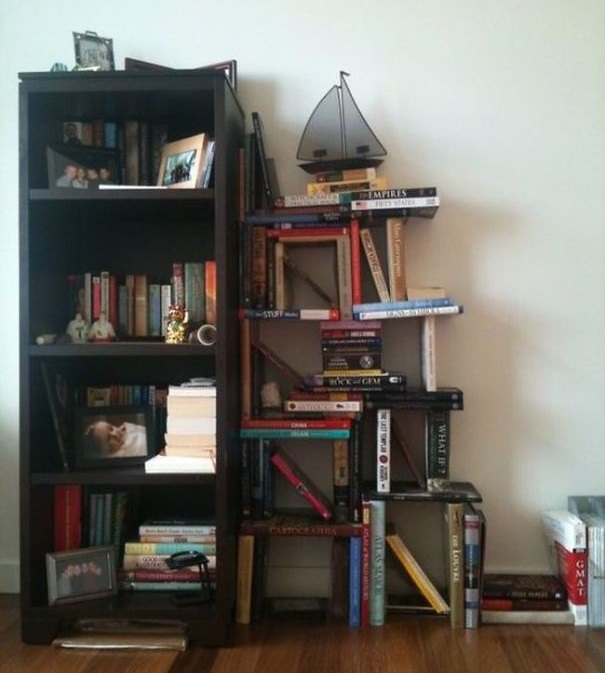 Bookshelf made of textbooks