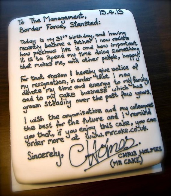 Resignation letter on a cake