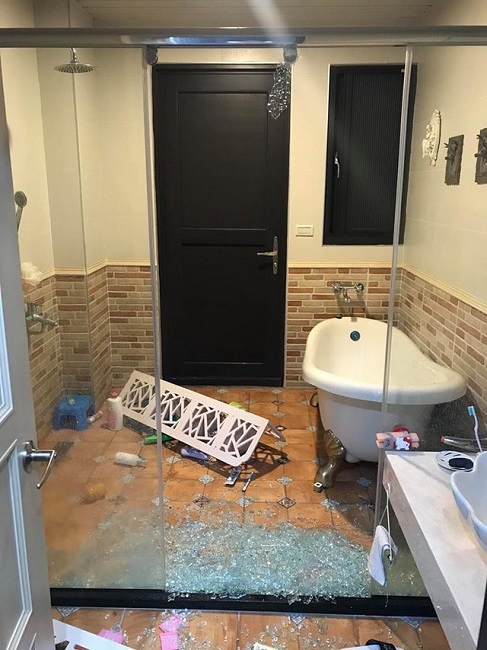 Glassdoor at the bathroom was completely shattered