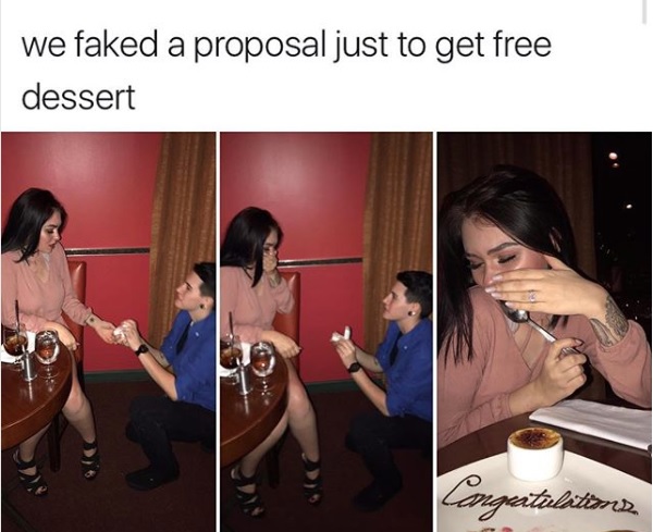 Fake proposal for free cake