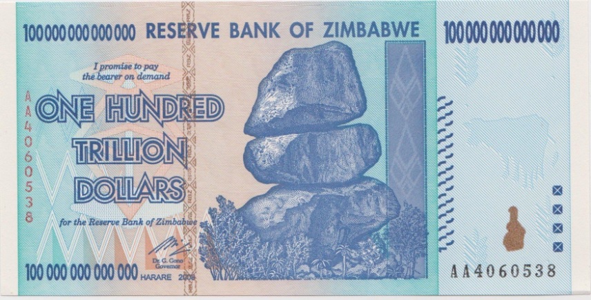 One Hundred trillion dollars note from Zimbabwe