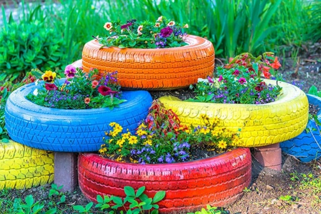 Planting flowers in tires