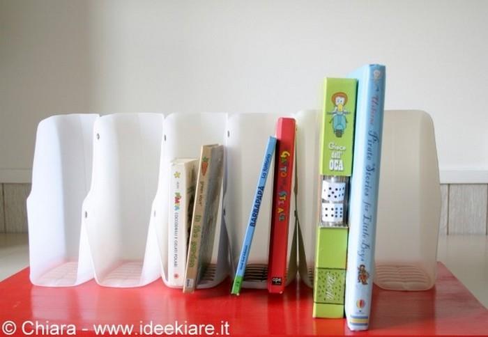 Bookshelf organizer with plastic bottle