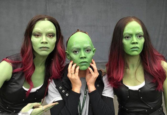 Zoe Saldana and her stunt doubles